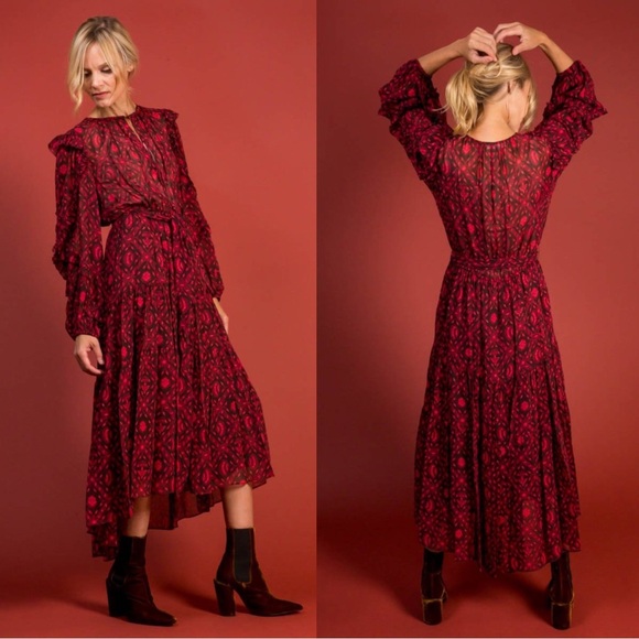 Ulla Johnson Aliya Midi Dress 100% Silk Size 8 Fuschia Pink Red Brown